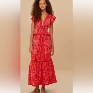 FARM Rio Sz Medium Red Lace Floral Maxi Tiered Dress
